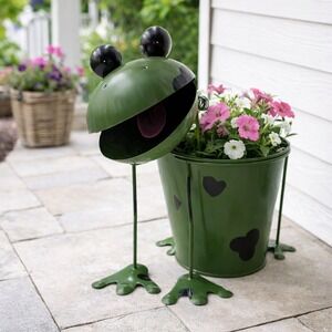 Cute Metal Planter Green Frog W/Spots Wobbly Spring Head Big Eyes Removable Pot
